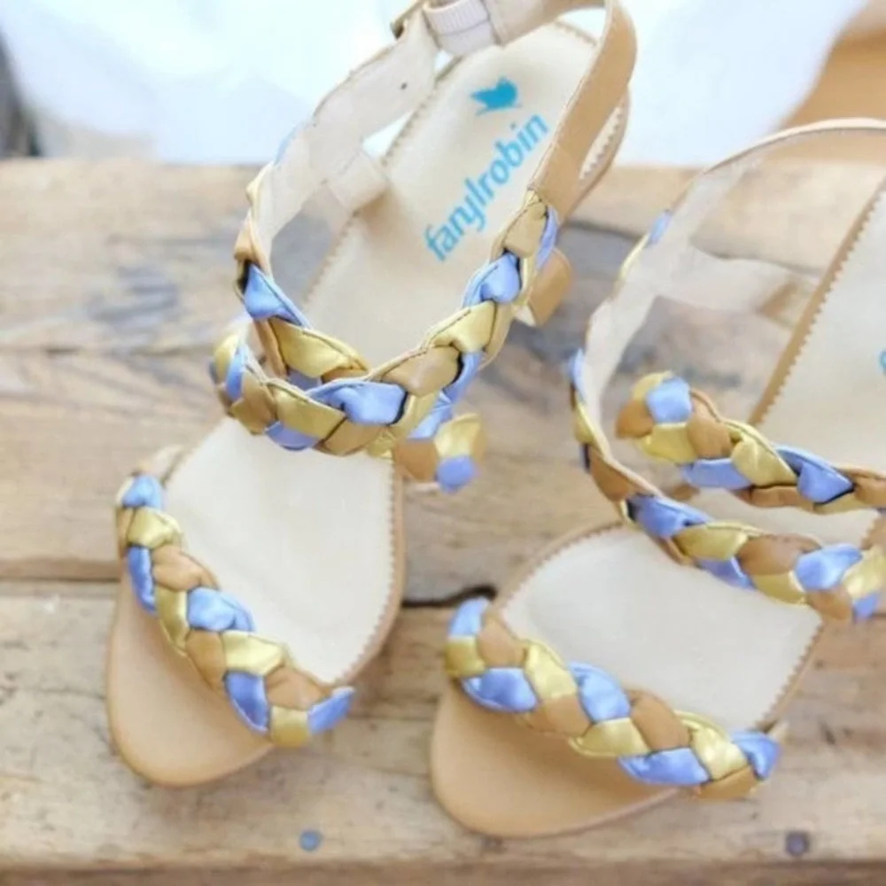 Farylrobin Tan and Gold Braided Heels